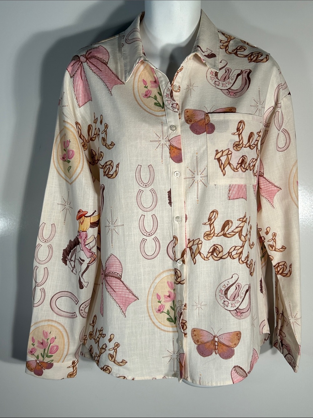 Bailey Rose SZ L "Lets Rodeo" Cream & Pink Graphic Button-Front Shirt Western